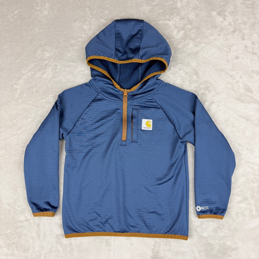 Carhartt Force Hoodie Kids 5 Steel Blue 1/4 Zip Grid Fleece Outdoors School Play - Picture 1 of 8